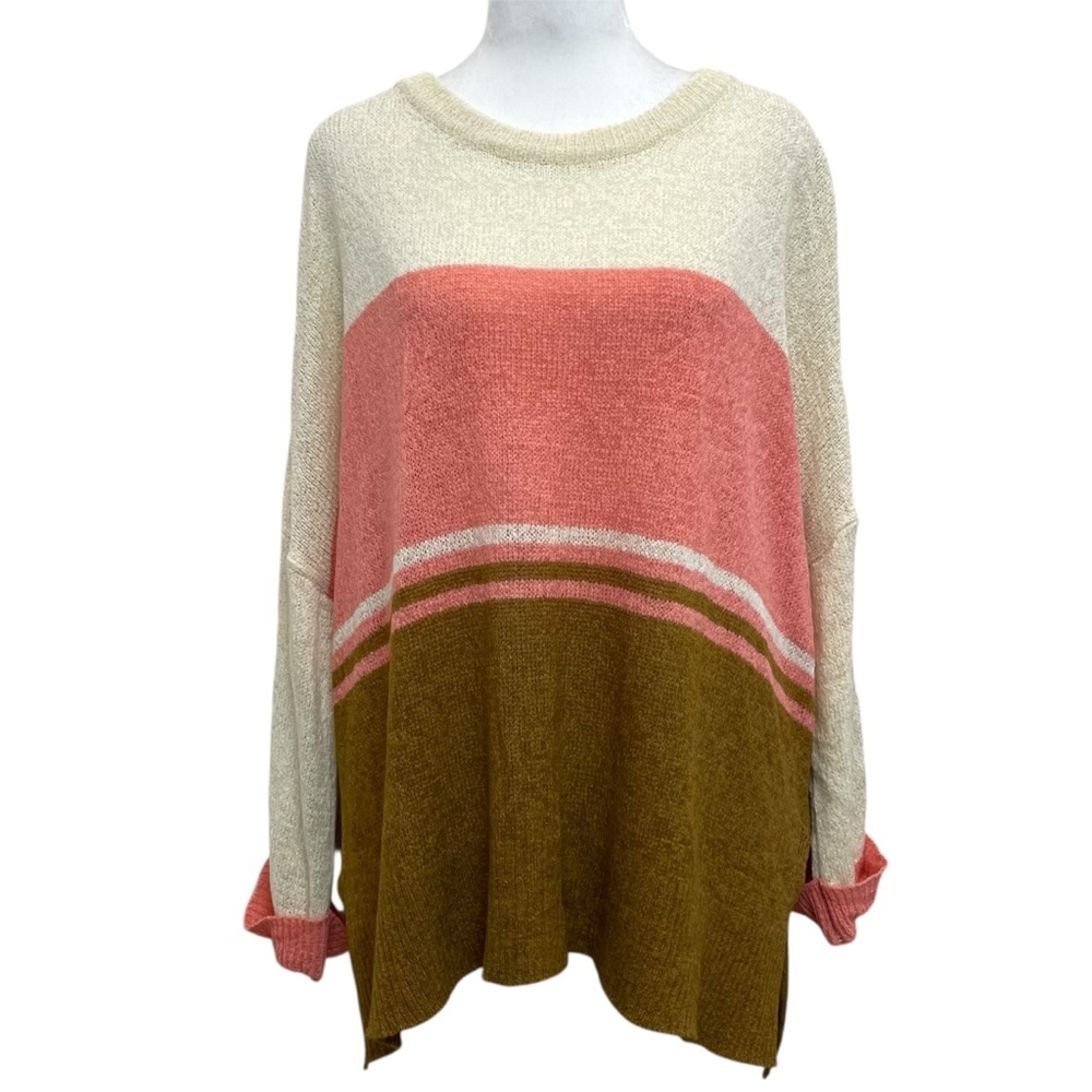 Easel White Pink Brown Colorblock Stripe Oversized Dolman Knit Sweater